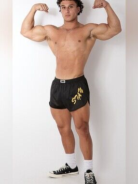 Y,IWO Men's Black Athletic Shorts with Yellow Script